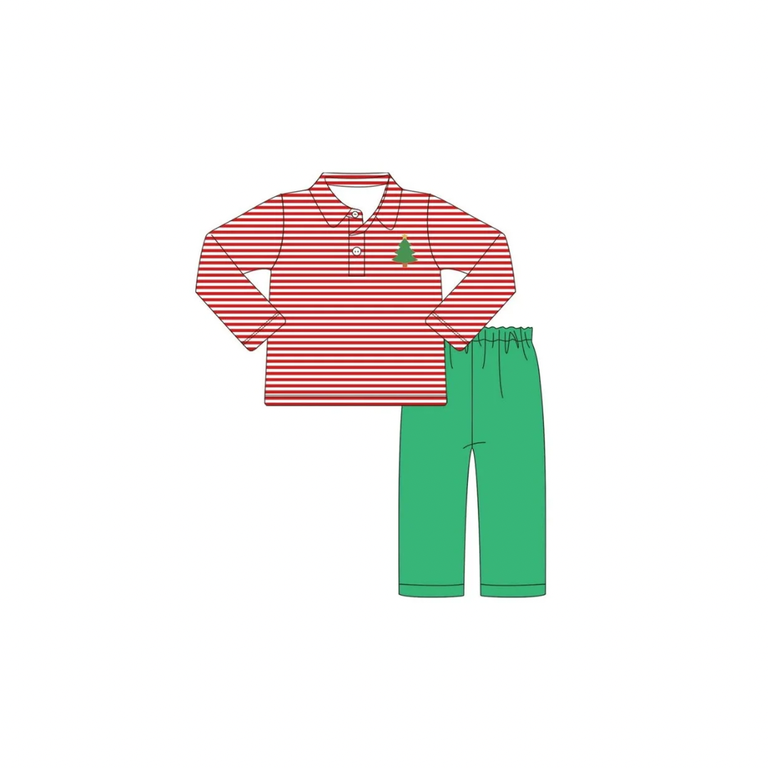 PRE ORDER - Funfetti Kids Embroidered Christmas Tree Stripe Polo/Pant Set