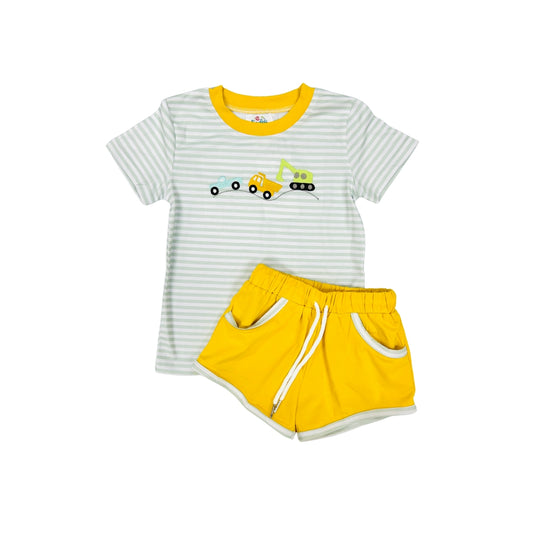 Funfetti Kids Green Stripe Vehicle Construction Short Set