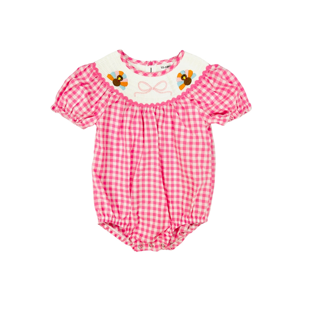 Pink Gingham Embroidered Turkey/Bow Bubble