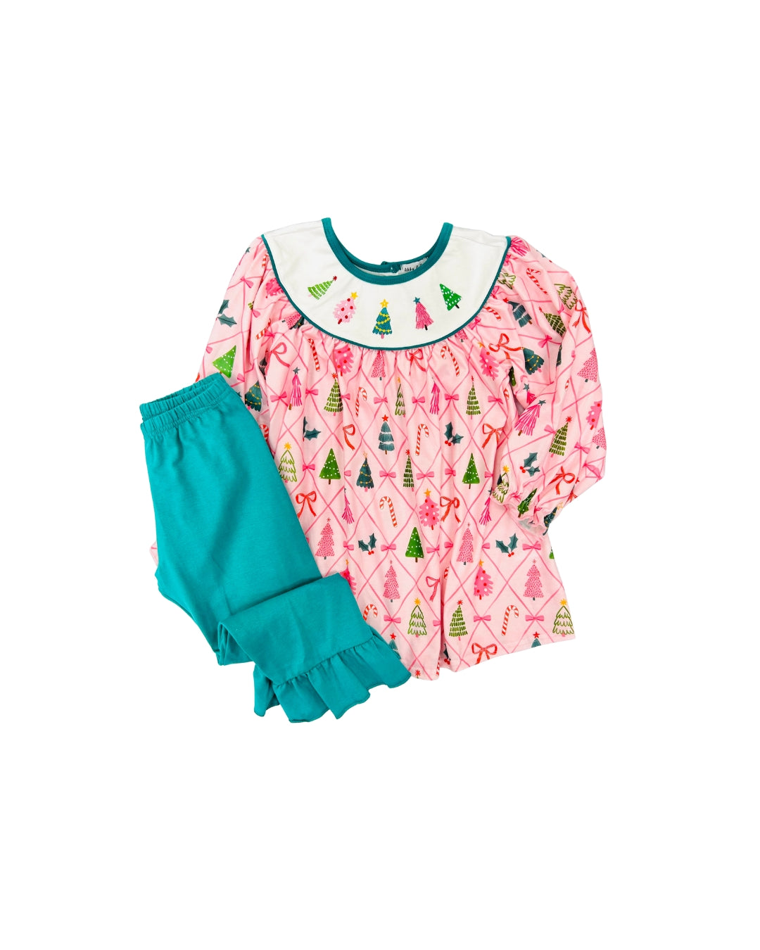 Pink Multi Tree Embroidered Ruffle Pant Set