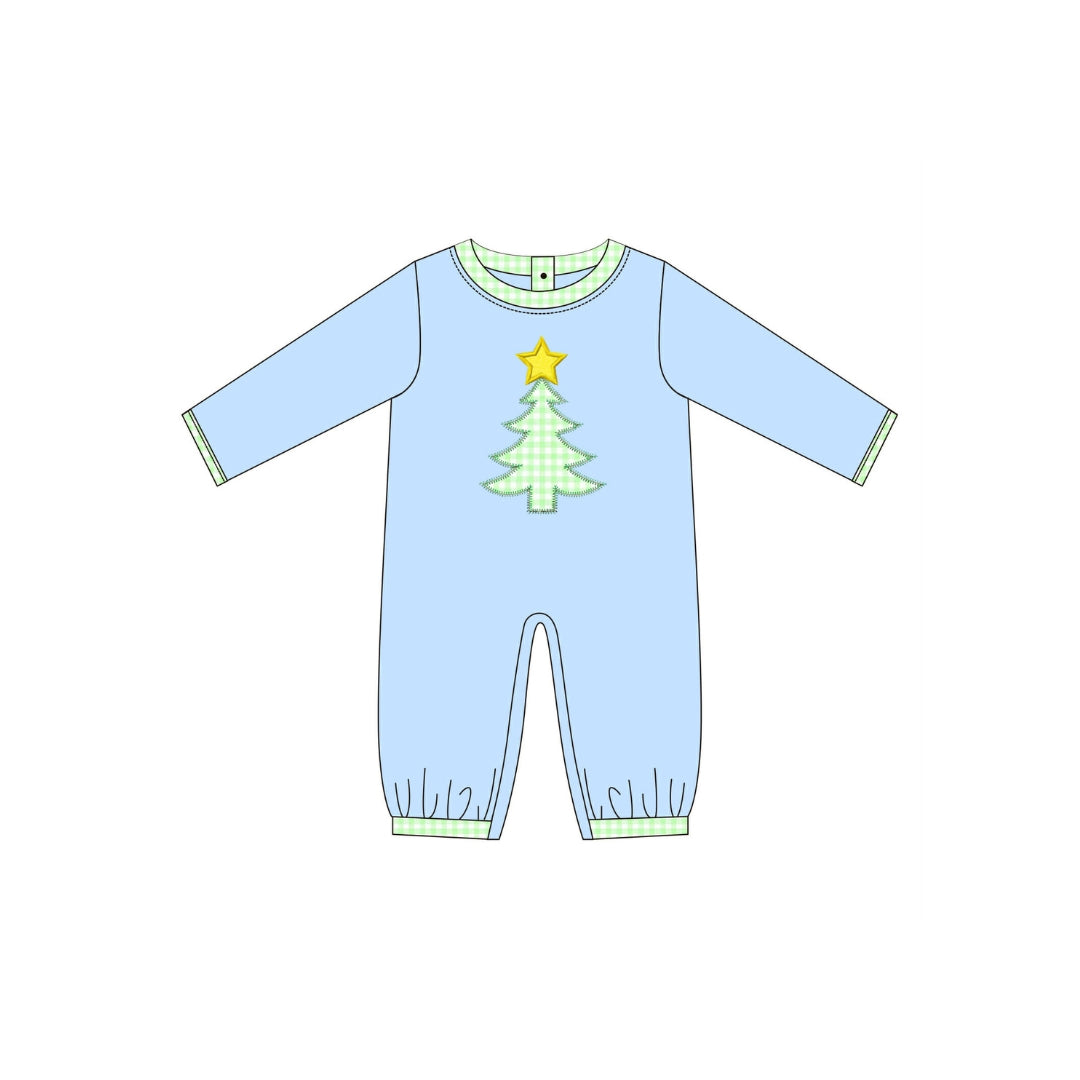 PRE ORDER - Funfetti Kids Blue/Green Gingham Christmas Tree Applique Romper