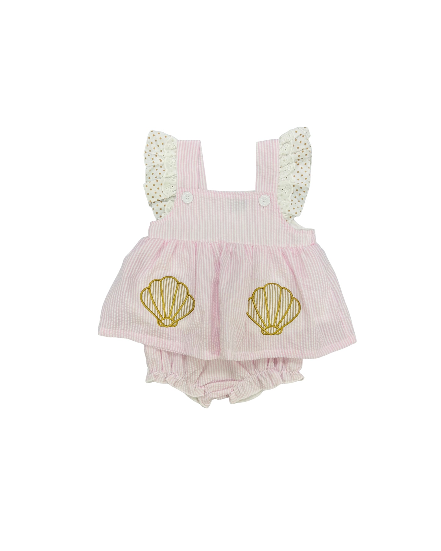 Funfetti Kids Pink Seersucker/Shell Applique Bloomer Set