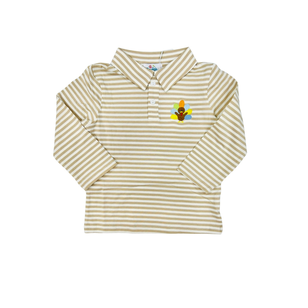 Funfetti Kids Turkey Embroidered Tan Stripe Polo