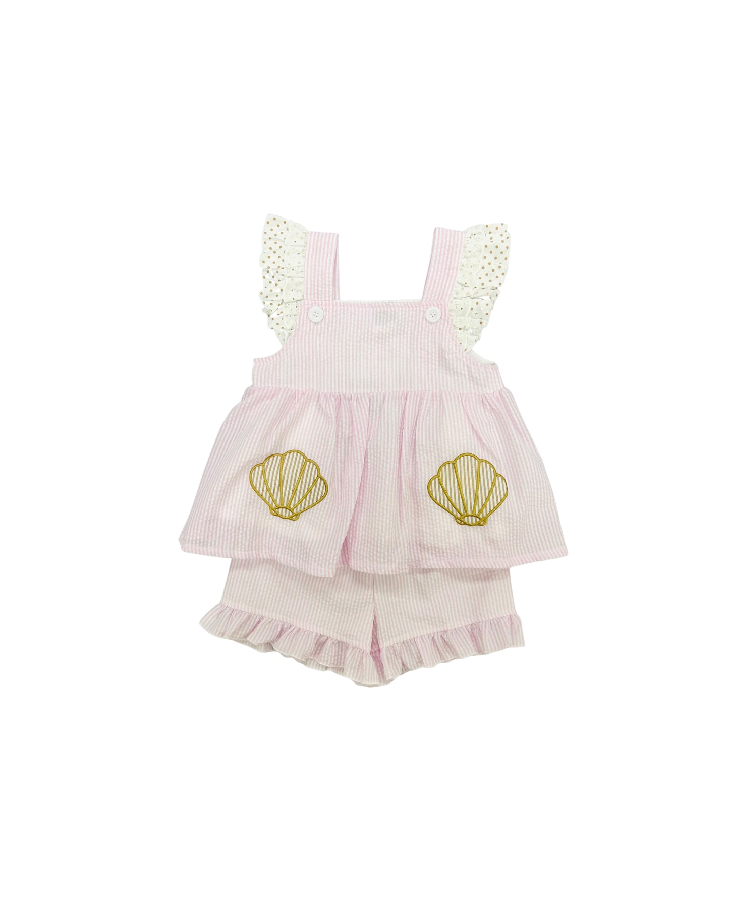 Funfetti Kids Pink Seersucker/Shell Applique Short Set