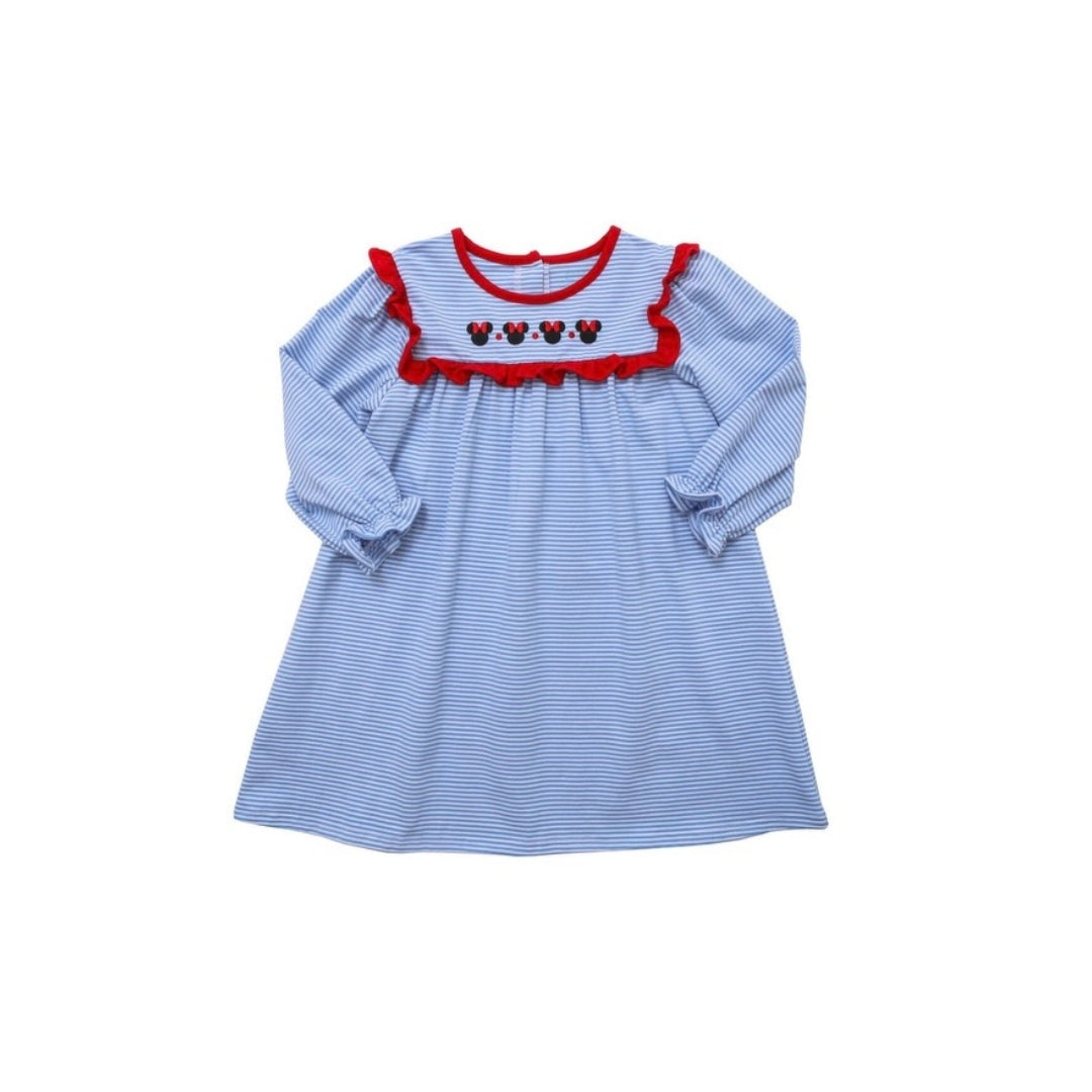 Itsy Bitsy Girl Long Sleeve Embroidered Mouse with Bows Dress