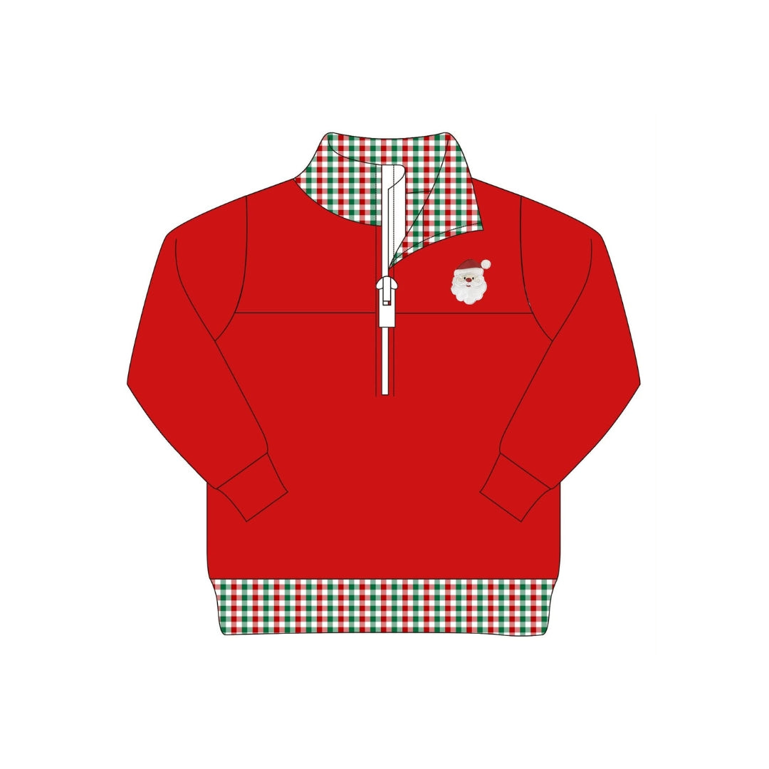 PRE ORDER - Funfetti Kids Red/Plaid Santa Embroidered Pullover