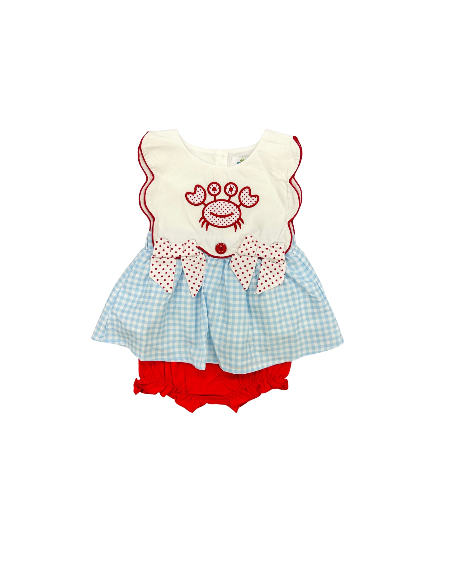 Funfetti Kids Blue Gingham/Polka Dot Crab Bloomer Set with Bows
