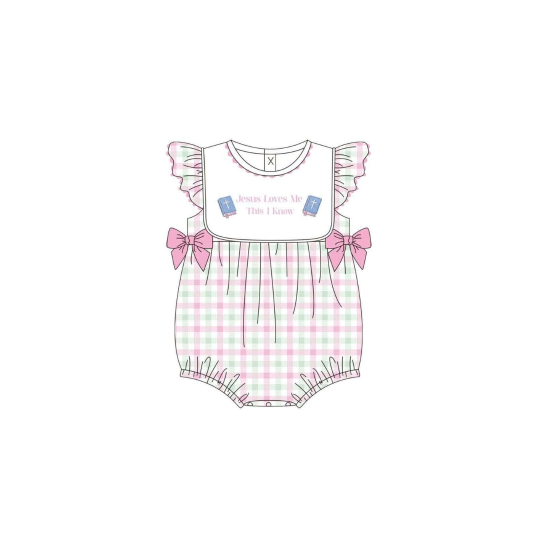 PRE ORDER - Funfetti Kids Jesus Loves Me This I Know Embroidered Plaid Ruffle Bubble