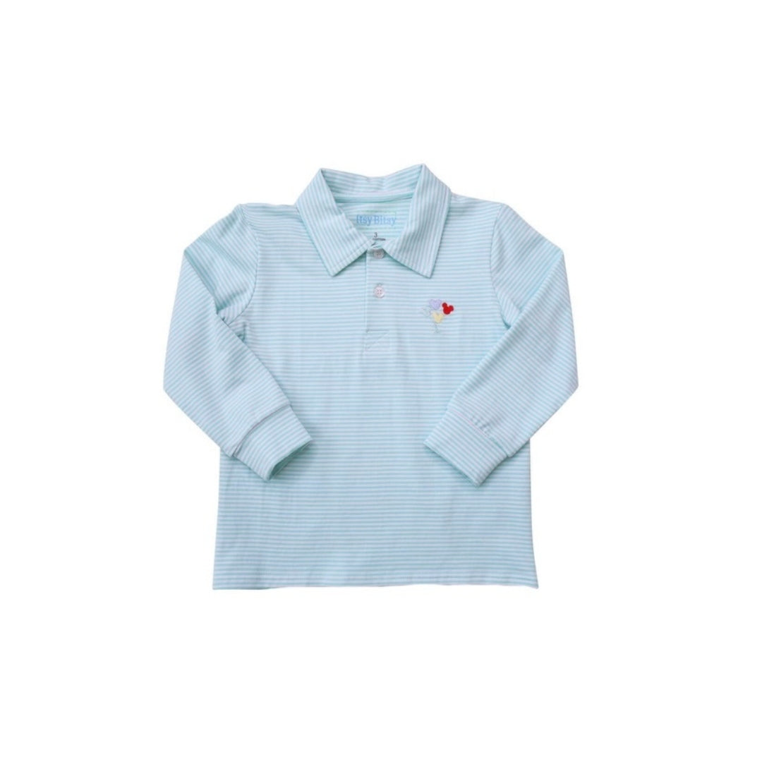 Itsy Bitsy Boy Embroidered Mouse Balloon Long Sleeve Polo