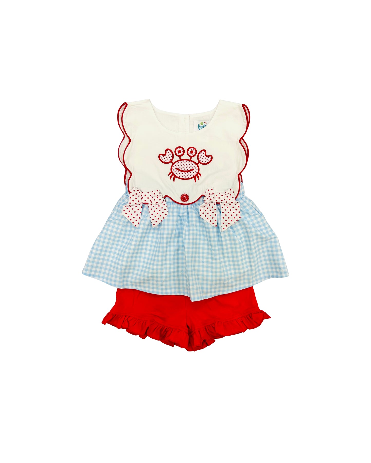 Funfetti Kids Blue Gingham/Polka Dot Crab Short Set with Bows