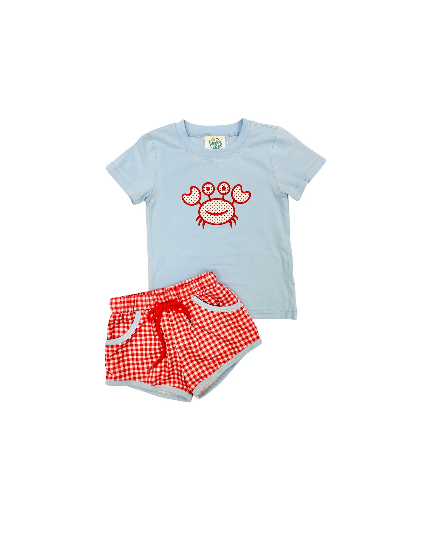 Funfetti Kids Polka Dot Crab Applique/Red Gingham Short Set