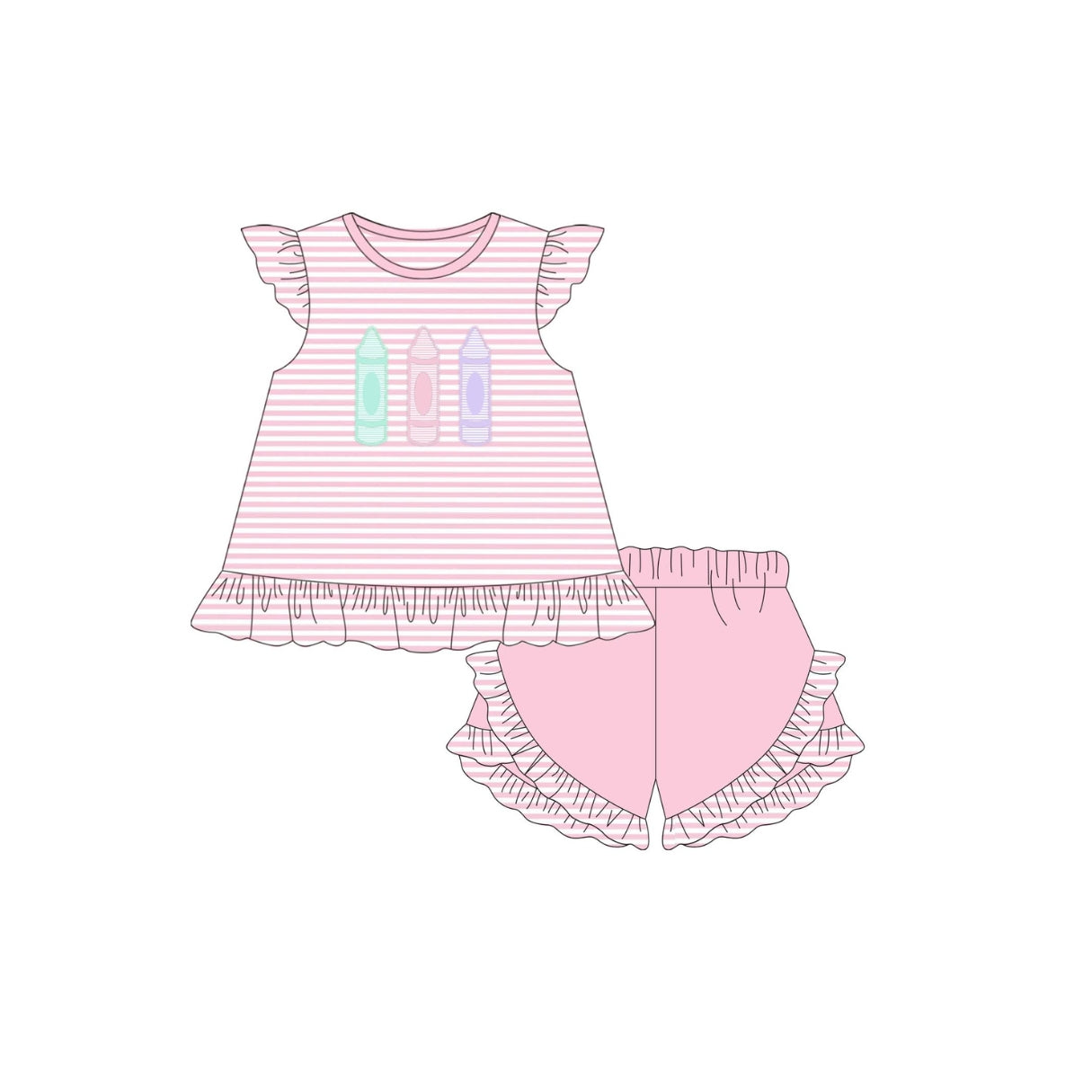 PRE ORDER - Funfetti Kids Pink Stripe Crayon Applique Ruffle Short Set