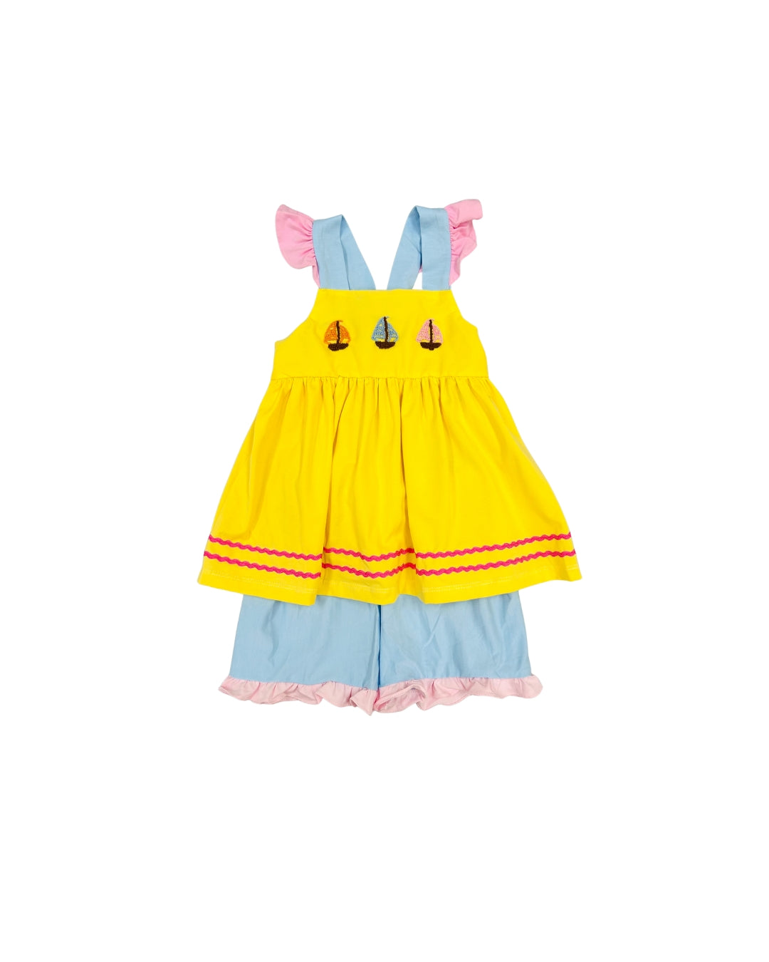 Yellow French Knot Sailboat Ruffle Short Set