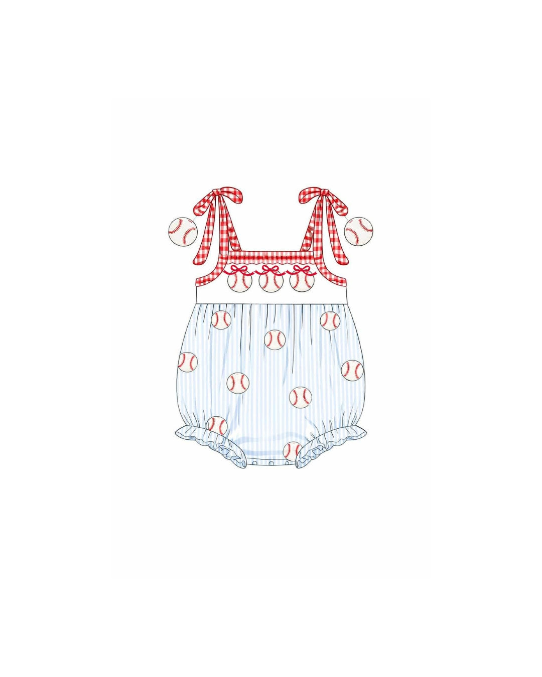 PRE ORDER - Hazel Blue Seersucker Embroidered Baseball with Bows Bubble