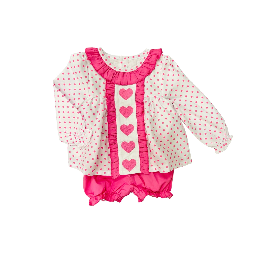 Funfetti Kids Pink Polka Dot Heart/Ruffle Trim Bloomer Set
