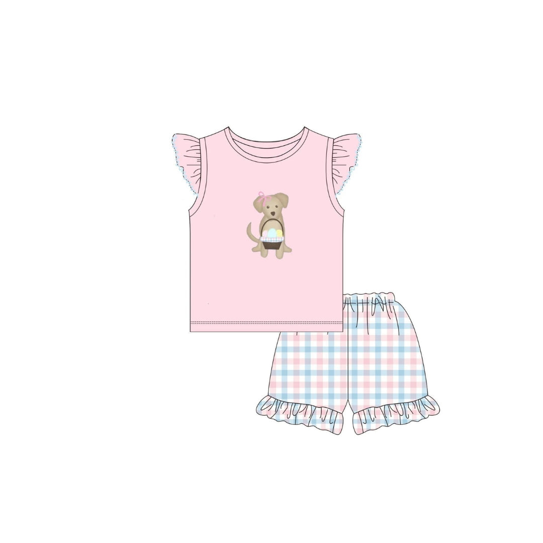 PRE ORDER - Funfetti Kids Puppy/Basket Applique Ruffle Short Set