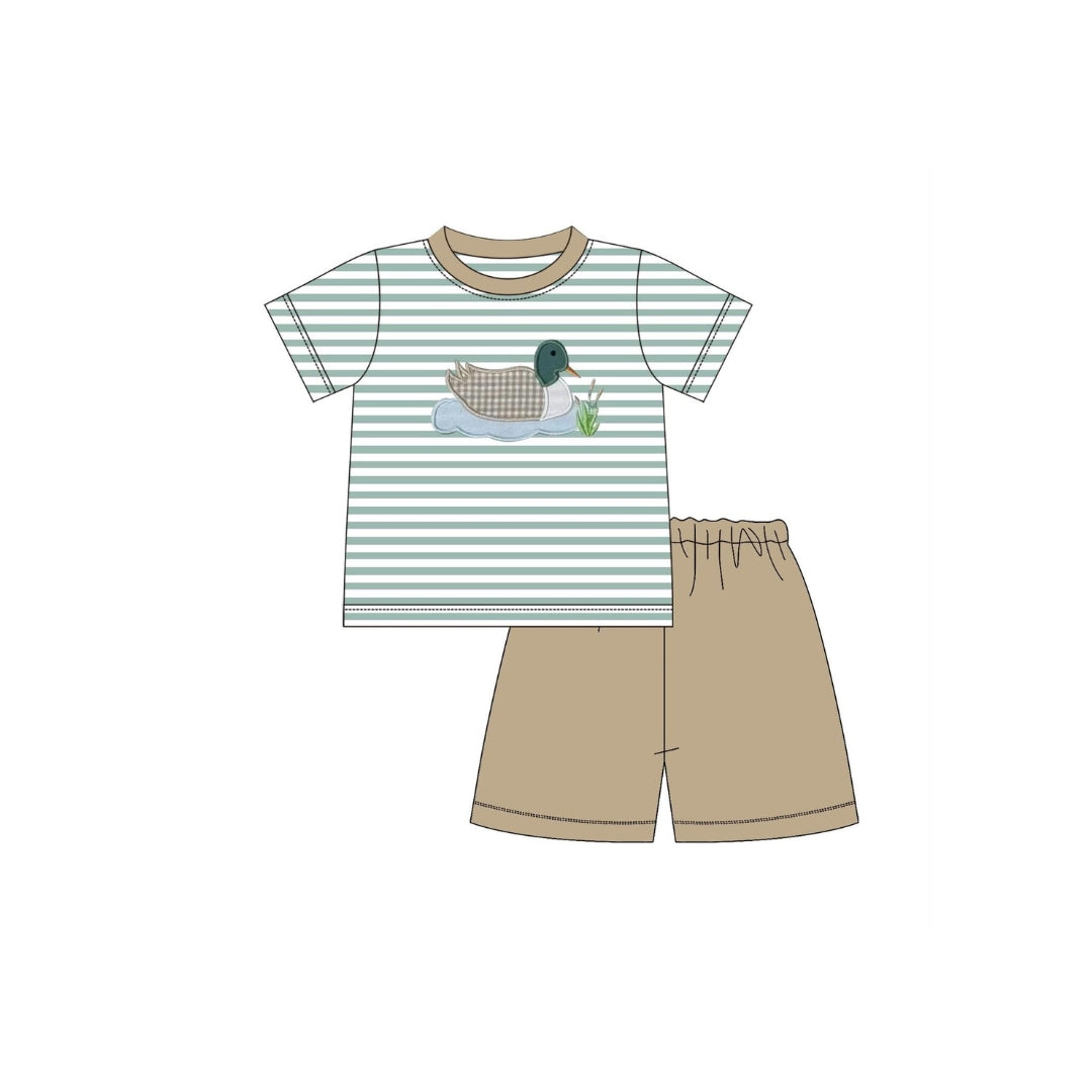 PRE ORDER - Funfetti Kids Gingham Mallard Applique Sage Stripe Short Set