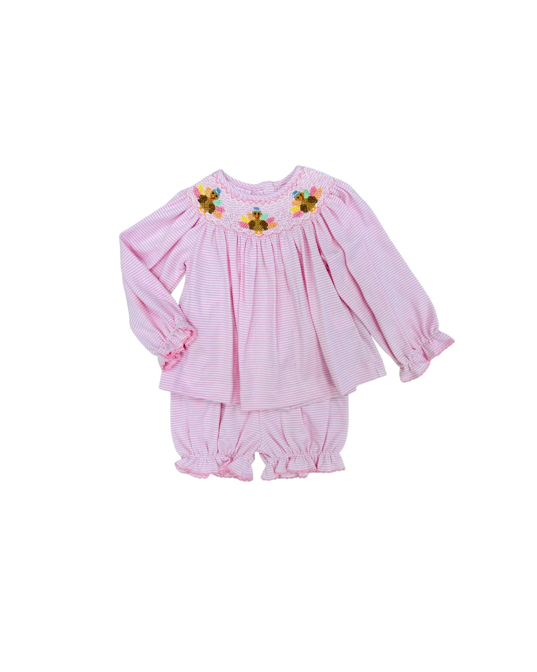Peitit Bebe Pink Stripe Hand Smocked Turkey Bloomer Set