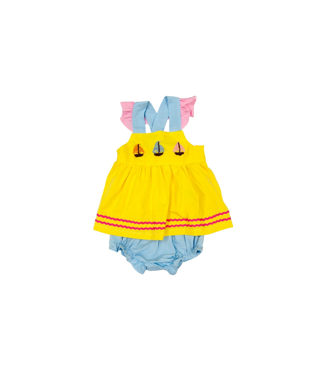 Yellow French Knot Sailboat Ruffle Bloomer Set