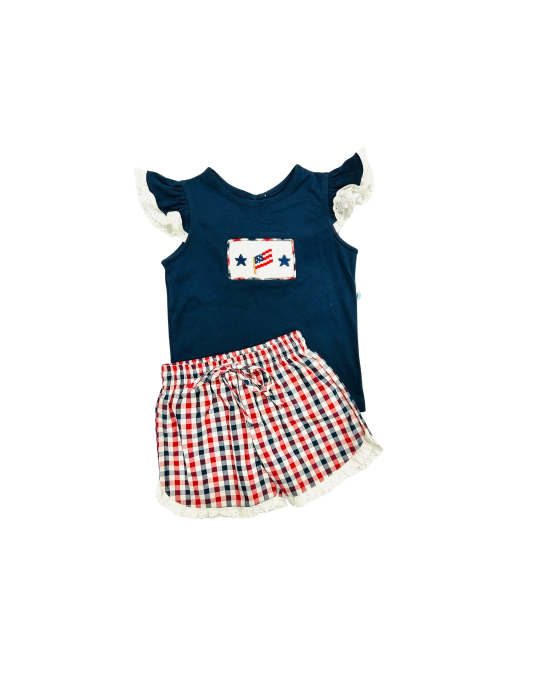 Remember Nguyen Red/Navy Plaid Smocked Flag Short Set