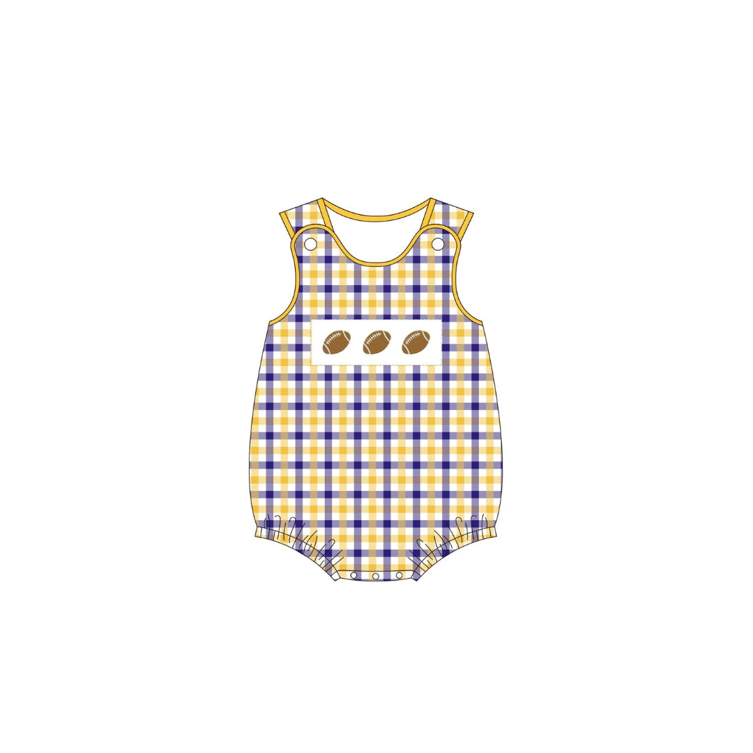 PRE ORDER - Funfetti Kids Purple/Gold Plaid Football Applique Bubble