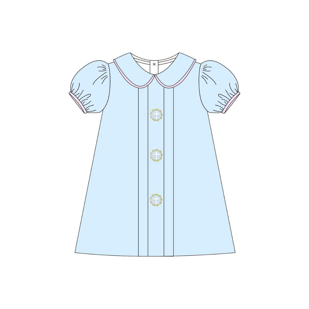 PRE ORDER - Funfetti Kids Blue/Pink Embroidered Cross Center Dress
