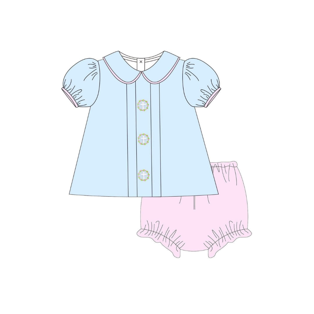 PRE ORDER - Funfetti Kids Blue/Pink Embroidered Cross Center Bloomer Set