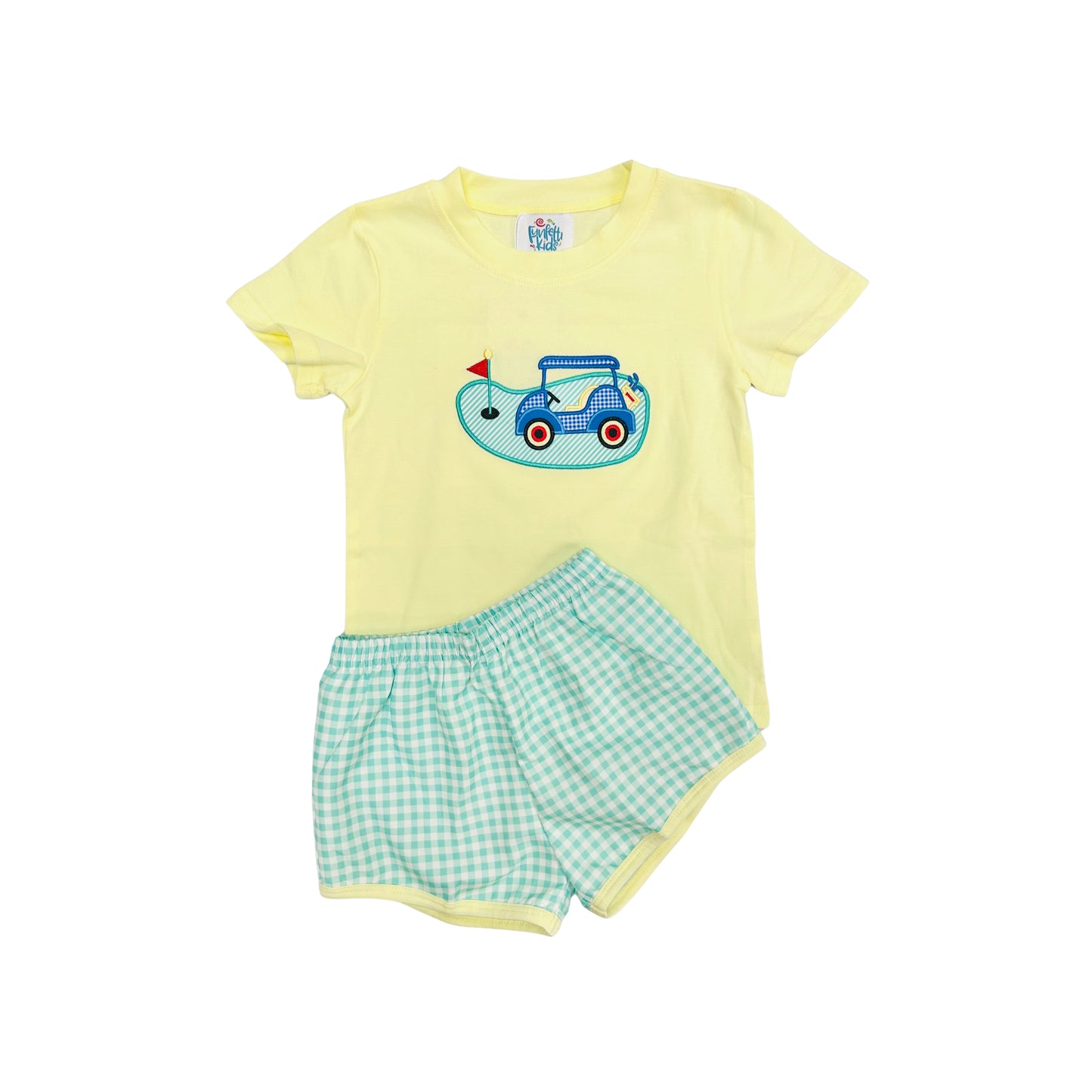 Funfetti Kids Yellow/Mint Golf Cart Applique Short Set