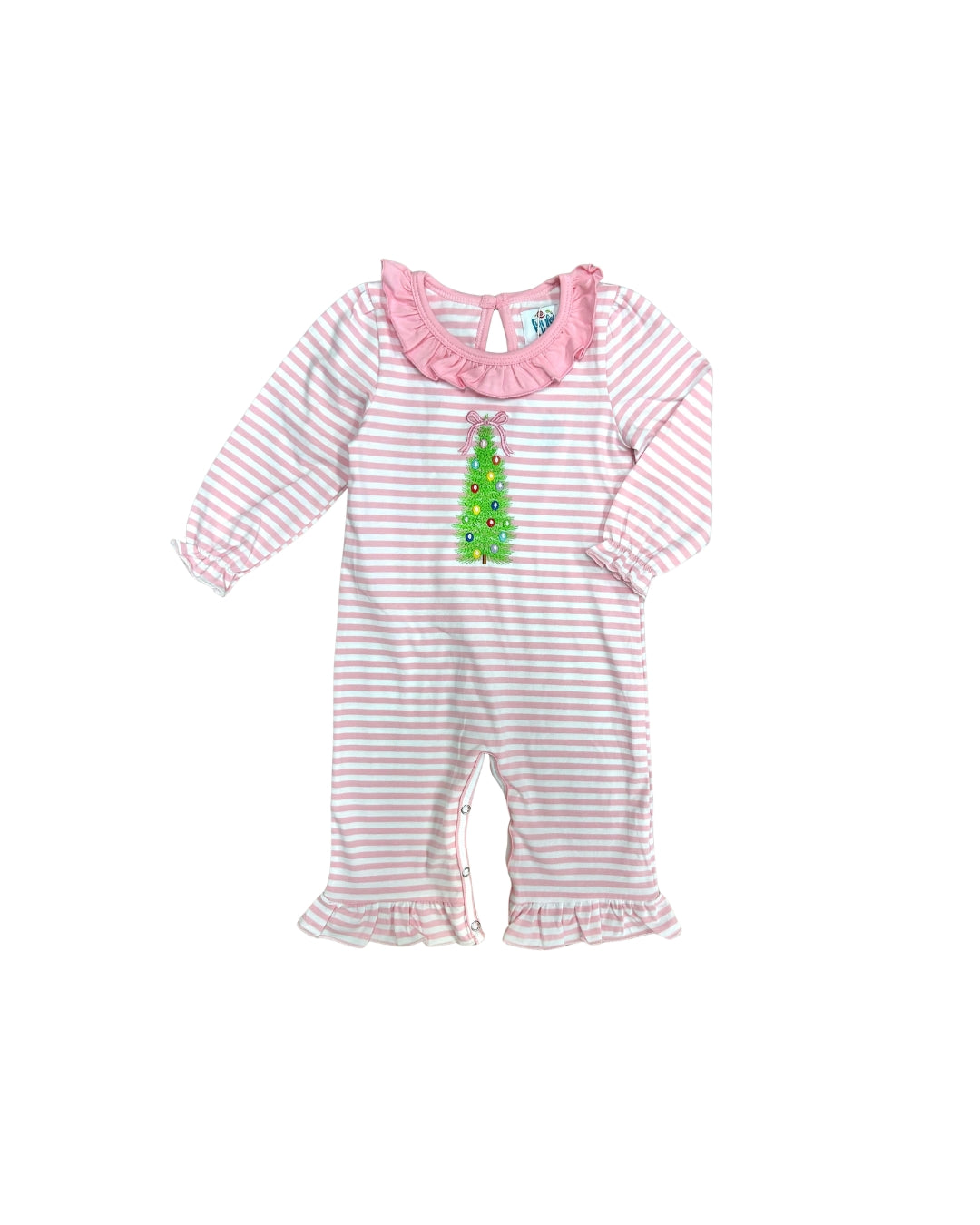Funfetti Kids Pink Stripe Christmas Tree Bow Applique Romper