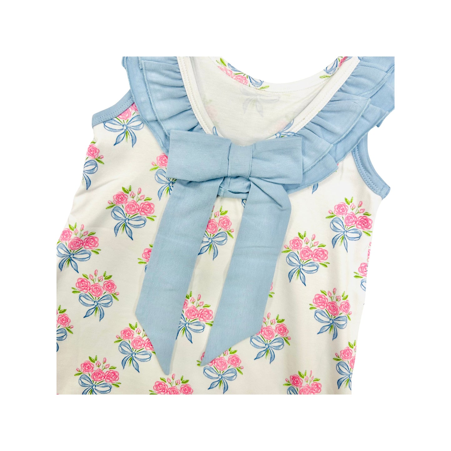 Funfetti Kids All Over Floral/Blue Bow Back and Ruffle Dress