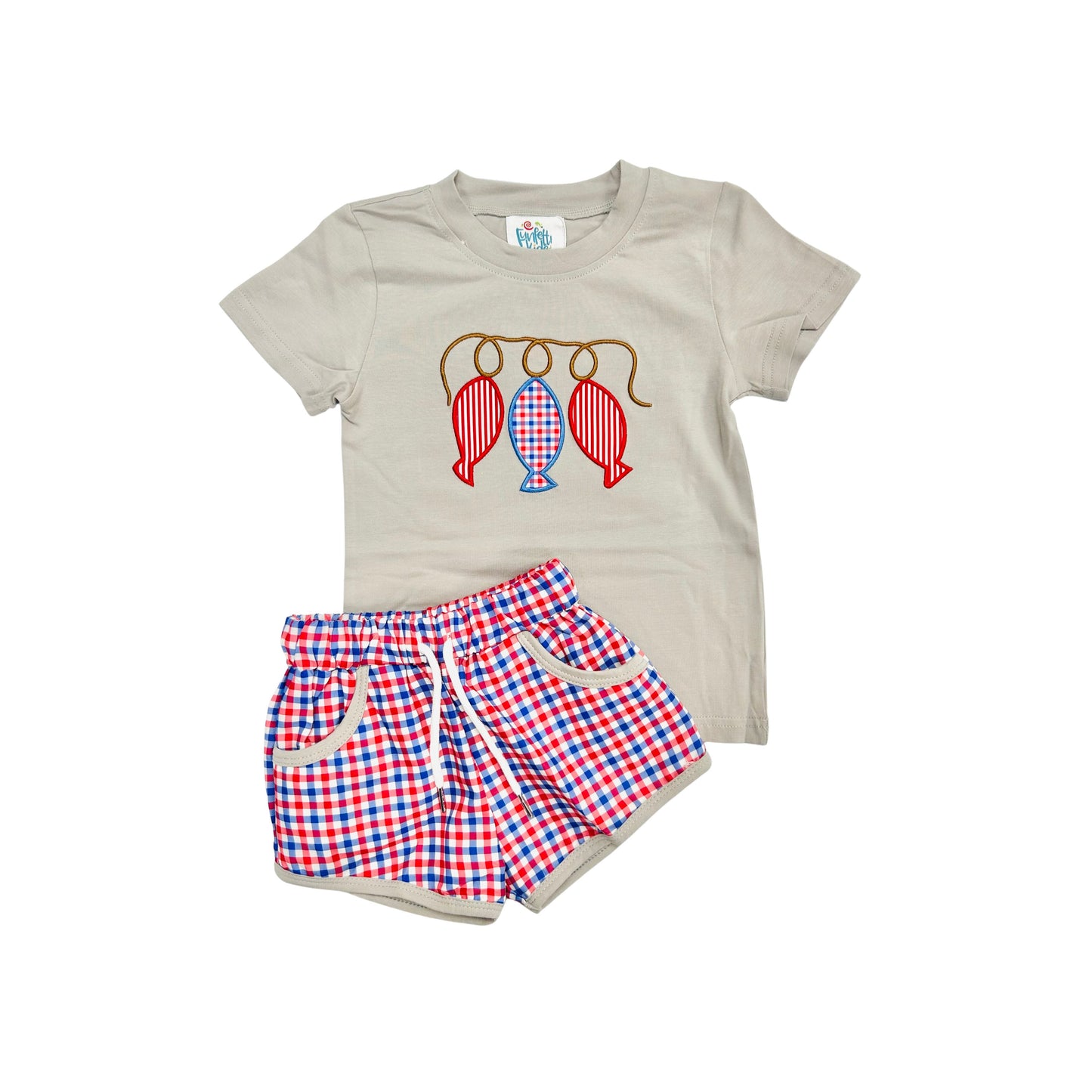 Funfetti Kids Red/Blue Check Fish on a Line Short Set