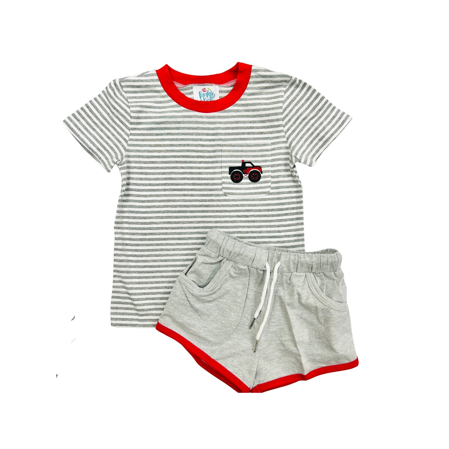 Funfetti Kids Grey Stripe Embroidered Monster Truck Short Set