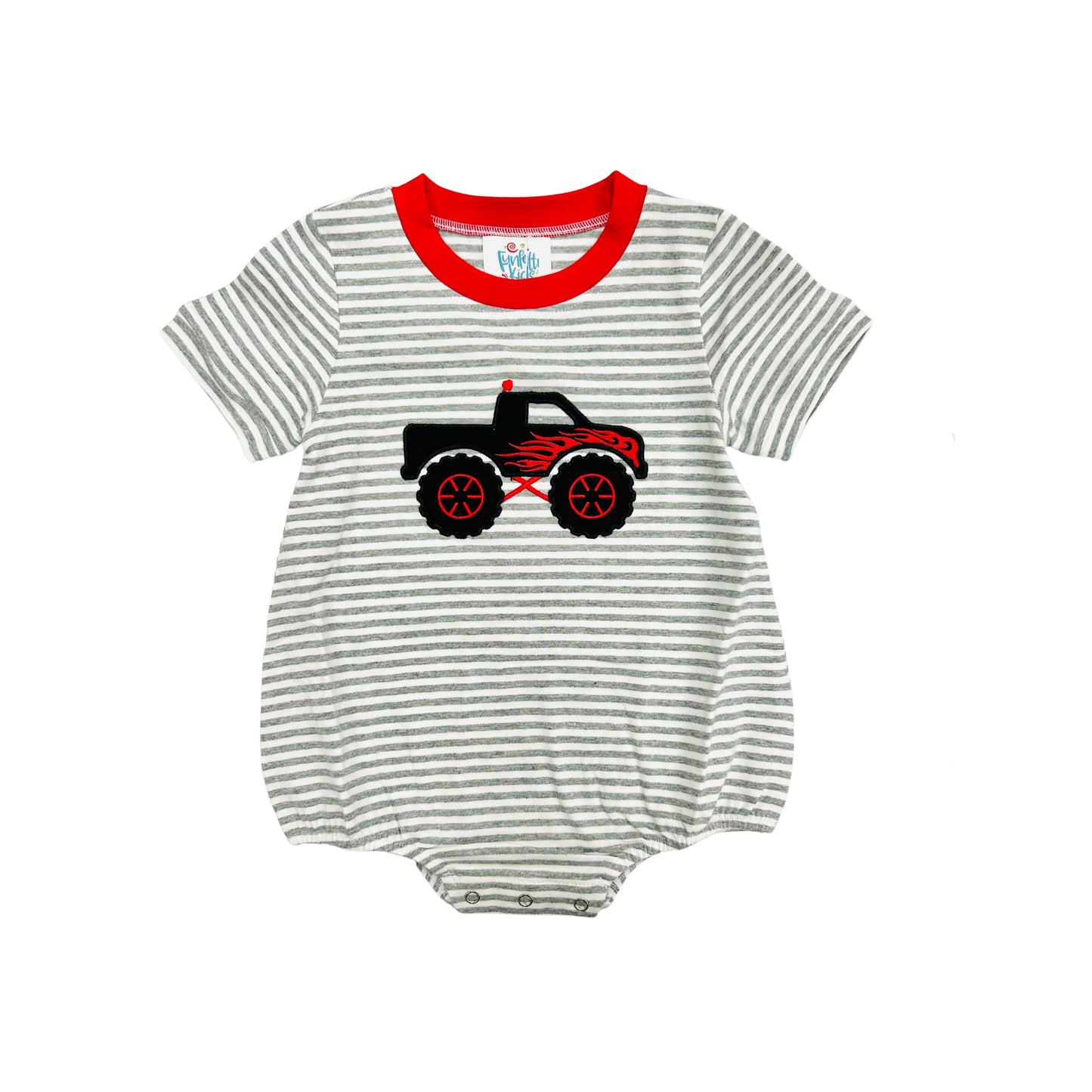 Funfetti Kids Grey Stripe Monster Truck Applique Bubble
