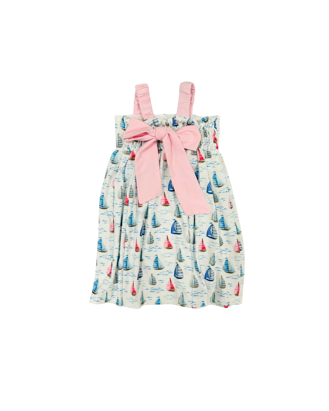 Blue/Pink Sailboat Print Dress with Bow Back