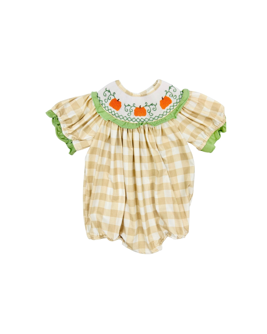 Hand Smocked Pumpkin Gingham Ruffle Bubble