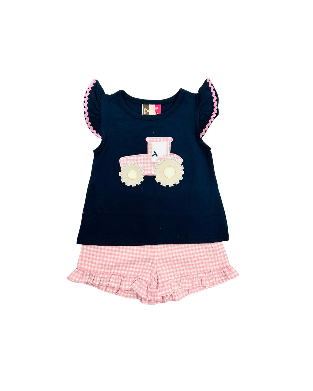 Banana Split Pink Check Tractor Applique Ruffle Short Set