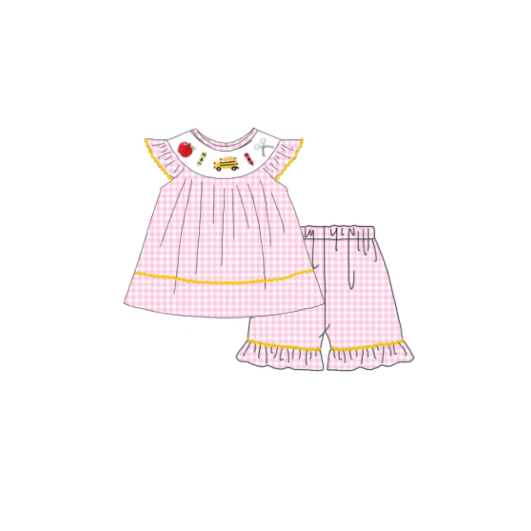 PRE ORDER - POSH Embroidered School Bus Ruffle Short Set