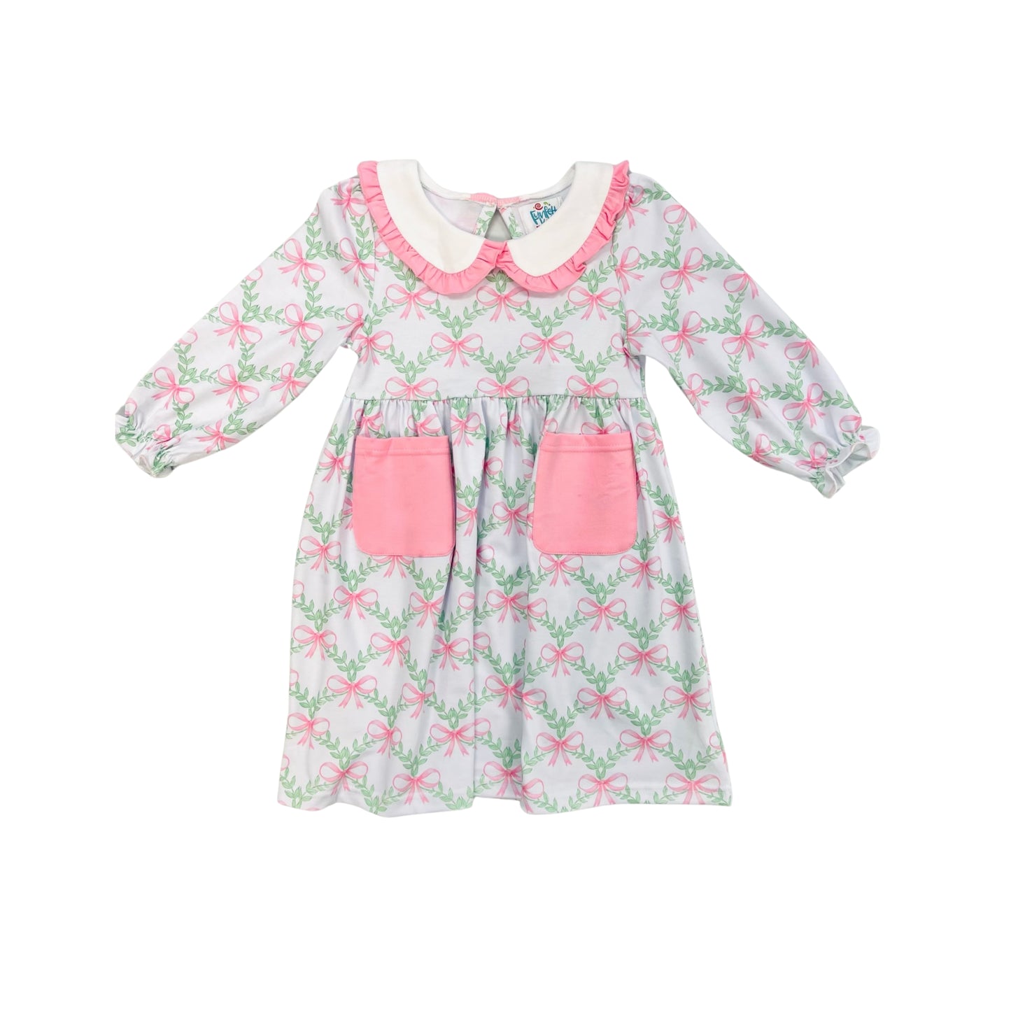 Funfetti Kids Girl Pink Bow Print Dress with Pockets