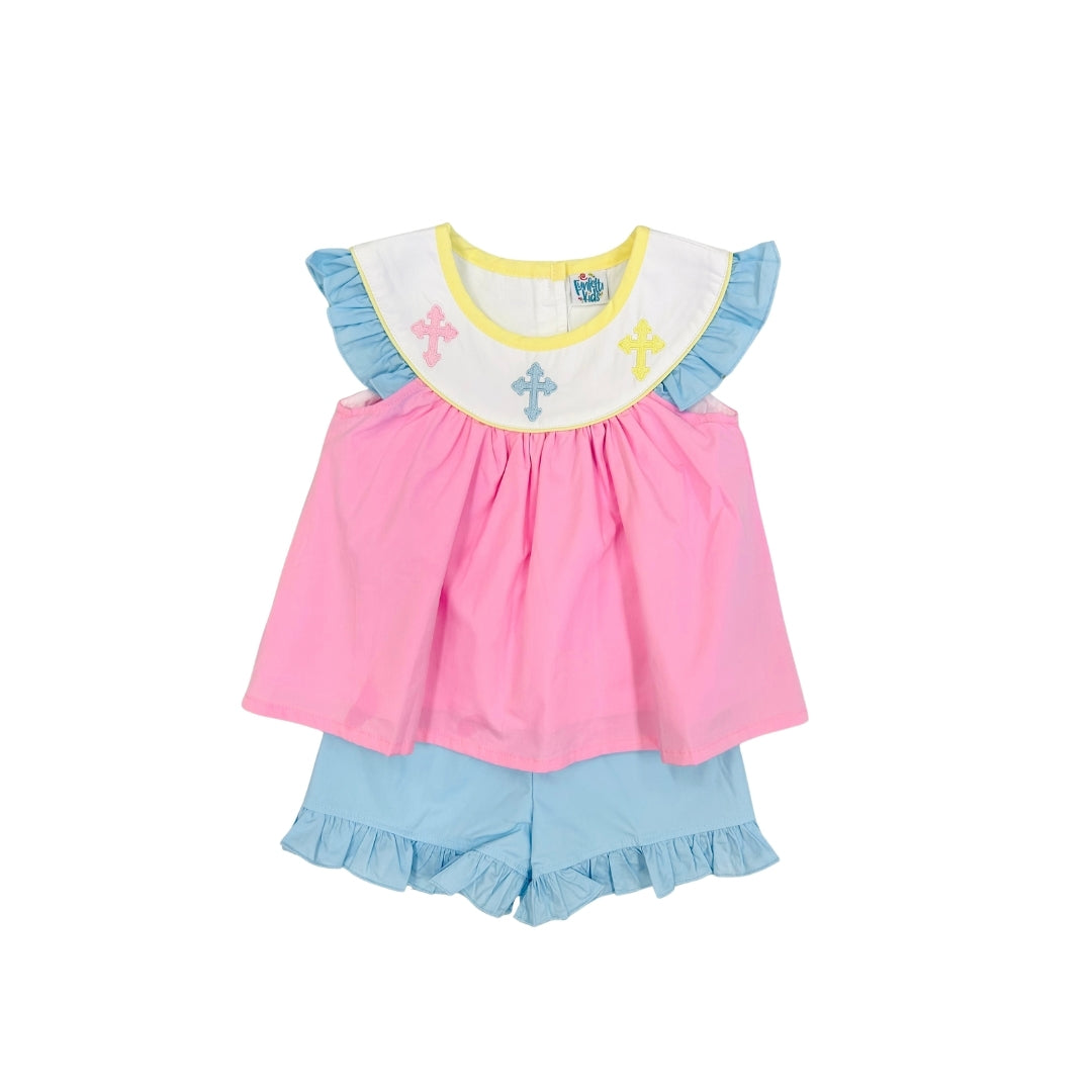 Funfetti Kids Embroidered Pastel Cross Ruffle Short Set
