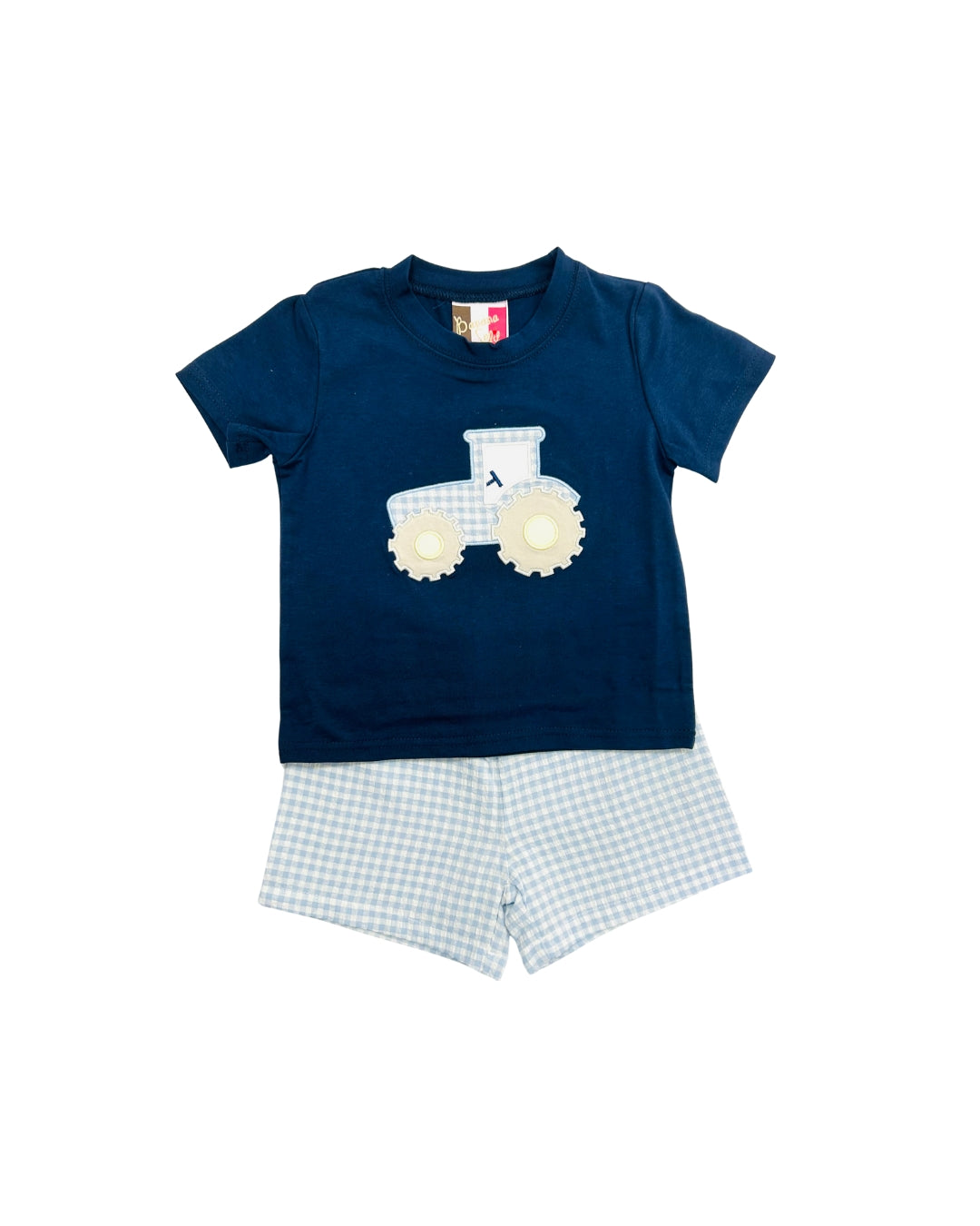 Banana Split Blue Check Tractor Applique Short Set