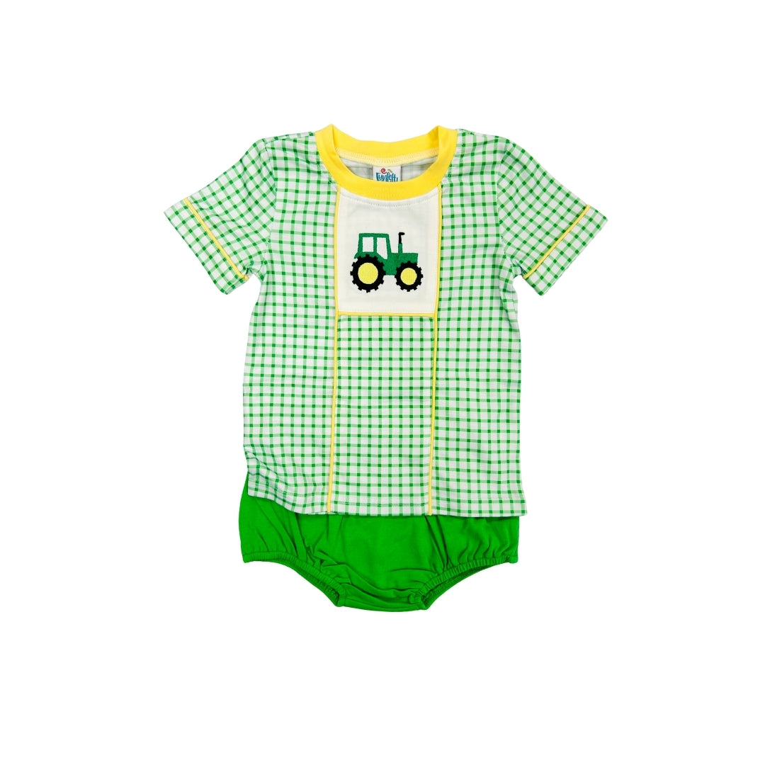 Funfetti Kids Embroidered Tractor/Gingham Diaper Set