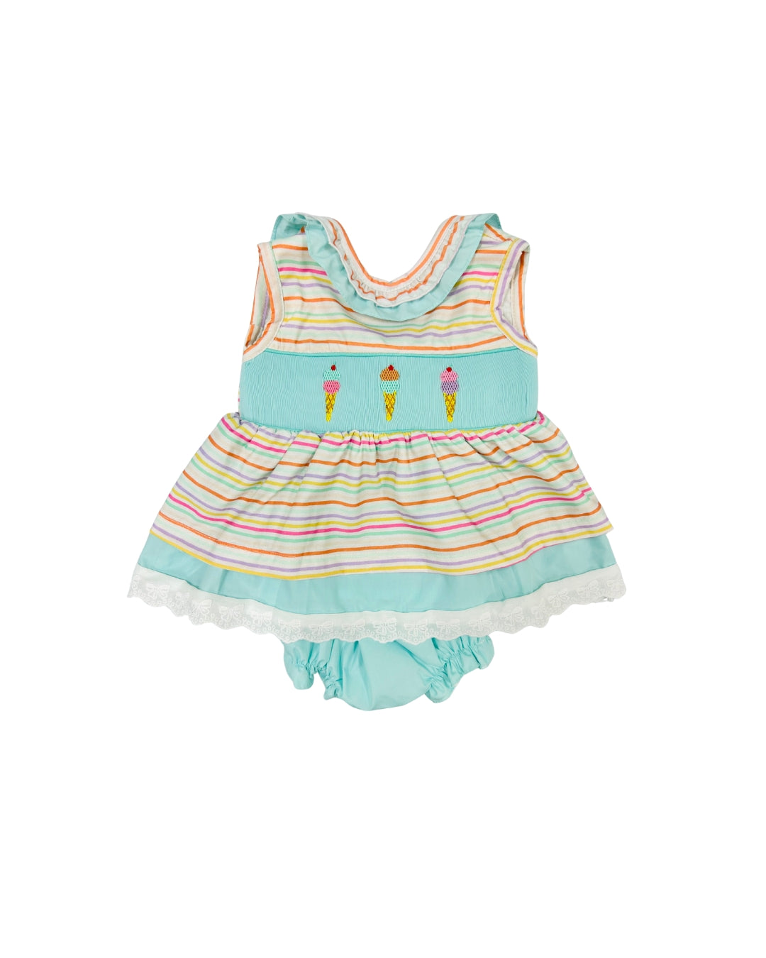 Hand Smocked Ice Cream/Stripe Ruffle Bloomer Set