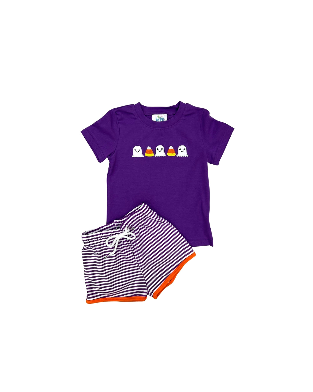 Funfetti Kids Purple Stripe Ghost/Candy Corn Applique Short Set