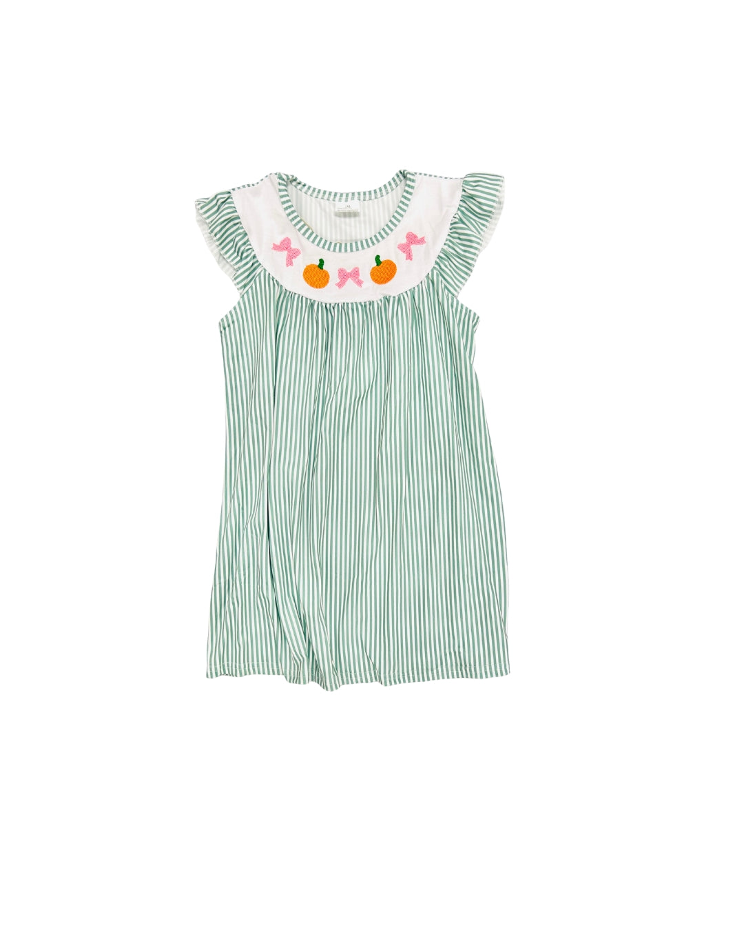 Green Stripe Pumpkin/Bow Dress - 6/7