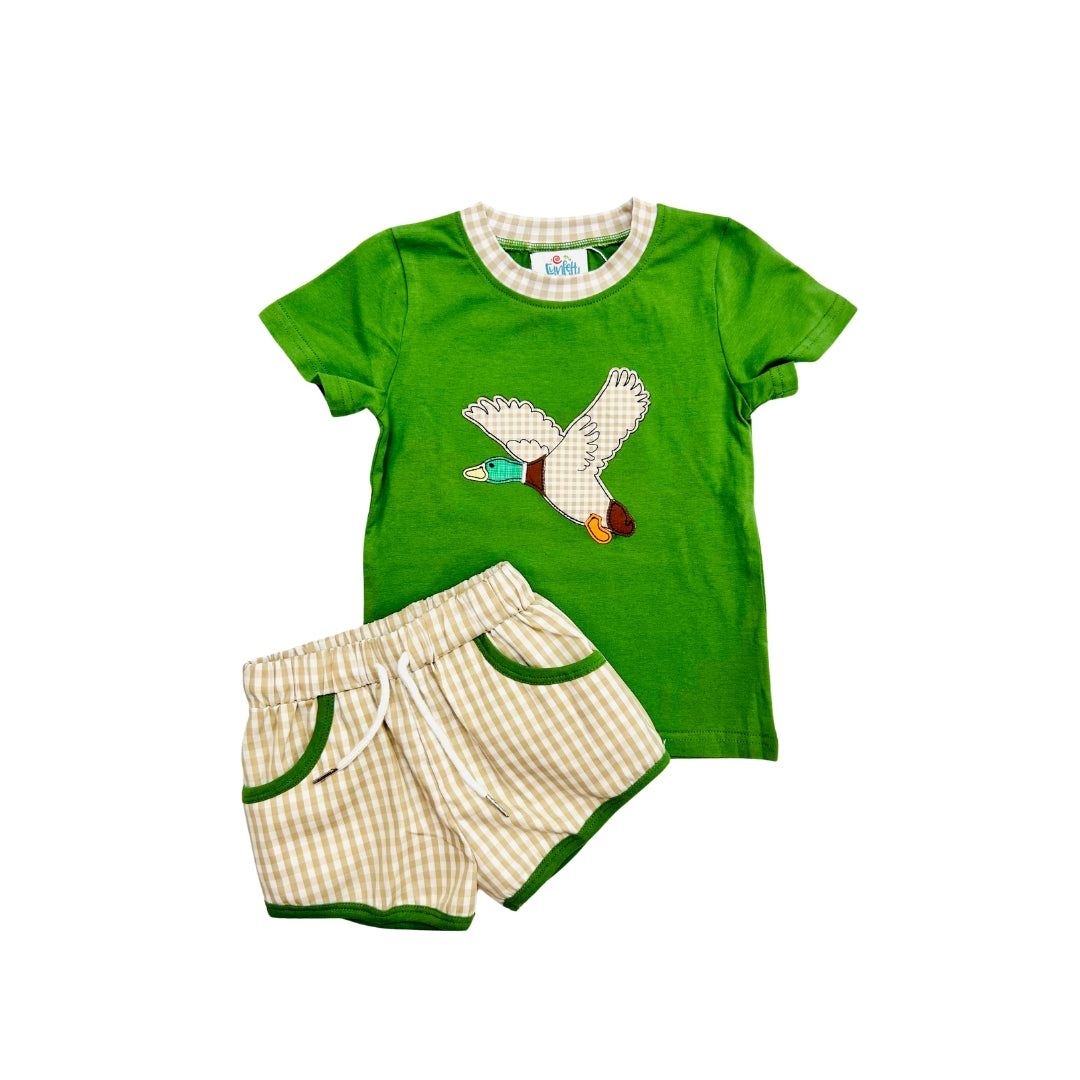 Funfetti Kids Tan Check Duck Applique Short Set