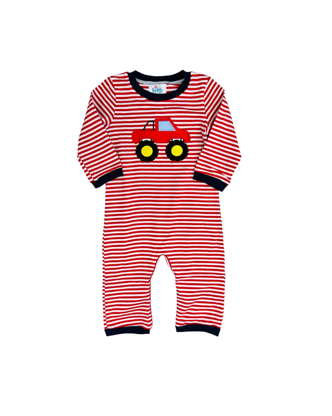 Funfetti Kids Red Stripe Monster Truck Applique Romper
