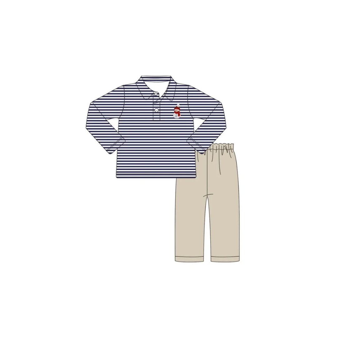 PRE ORDER - Funfetti Kids Embroidered Snowman Stripe Polo/Pant Set