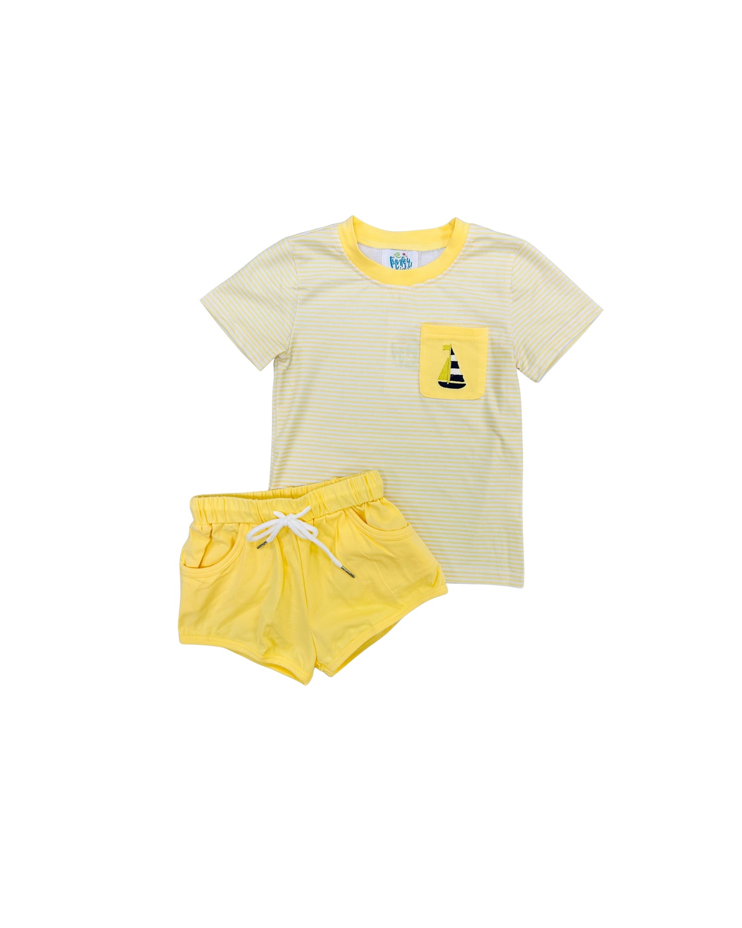 Funfetti Kids Yellow Stripe Sailboat Embroidered Short Set