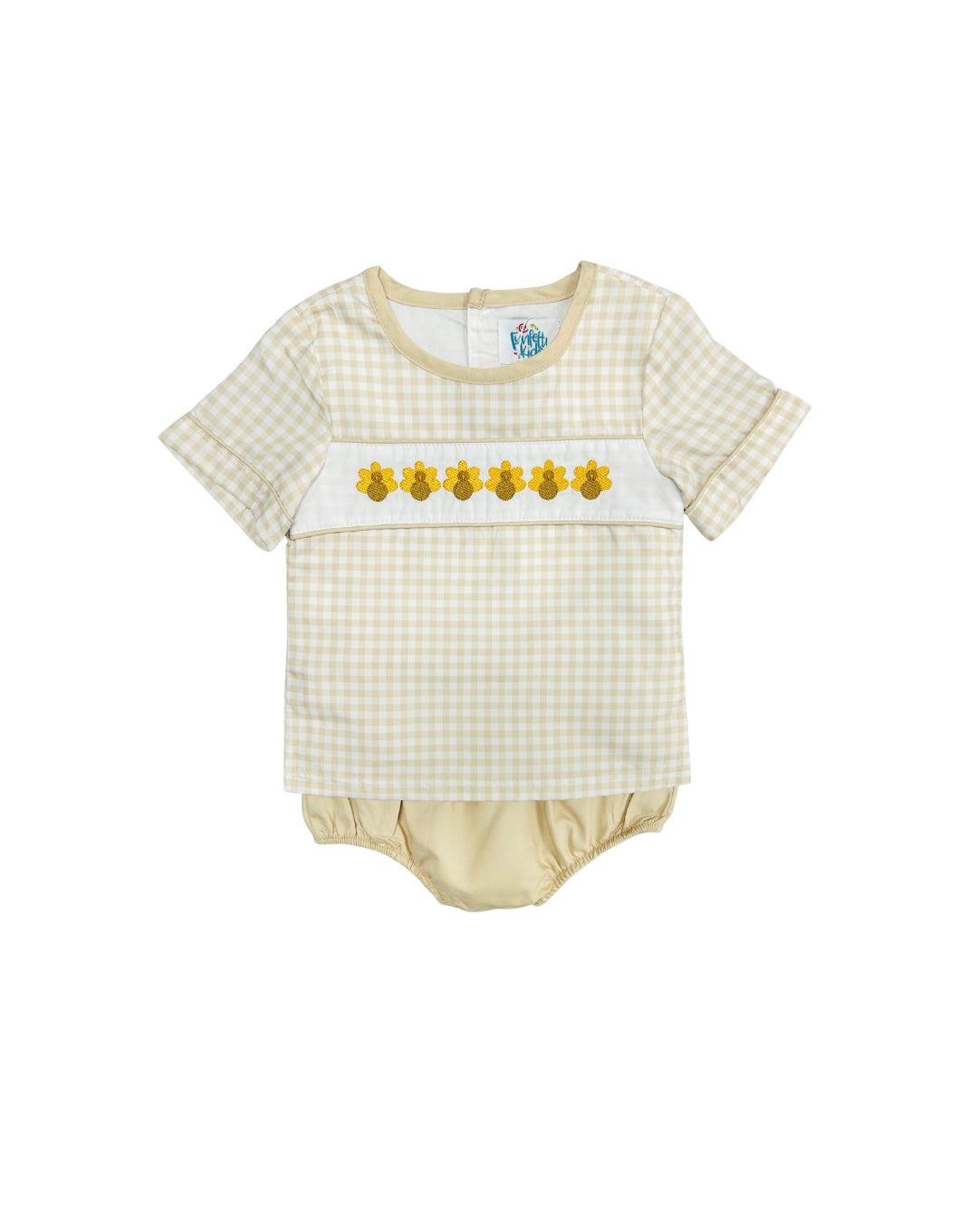 Funfetti Kids Tan Gingham Embroidered Turkey Diaper Set