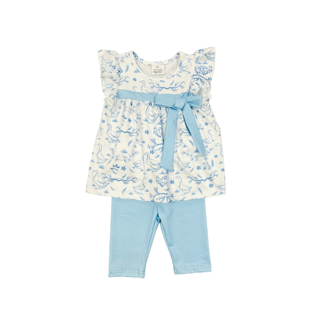 White/Blue Floral & Goose Legging Set